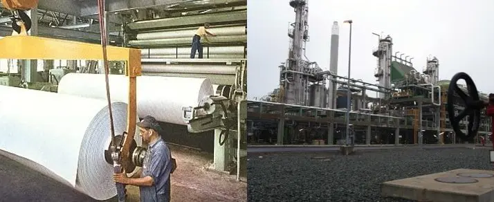 Two pictures of a factory and workers.