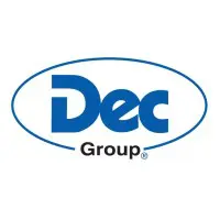 A blue and white logo of dec group