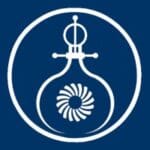 A white logo of an object in a blue circle.