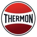 A red and white logo of thermon
