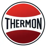 A red and white logo of thermon