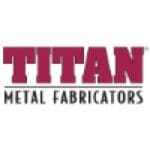 A red and white logo for titan metal fabricators.