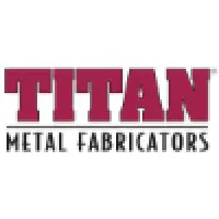 A red and white logo for titan metal fabricators.